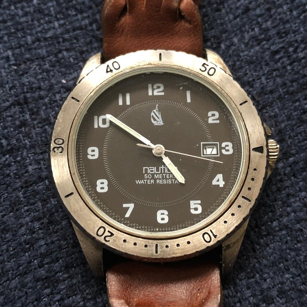 Nautica Men's Leather Watch with Rotating Bezel